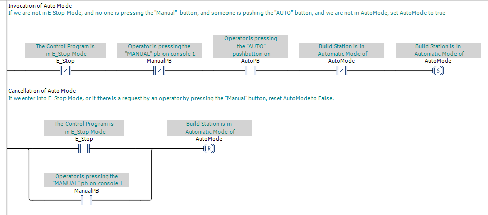 PLC ladder diagram showing Auto Mode invocation and reset logic.